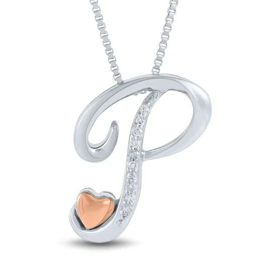 Diamond Accent "P" Initial Pendant In Sterling Silver And 14K Rose Gold