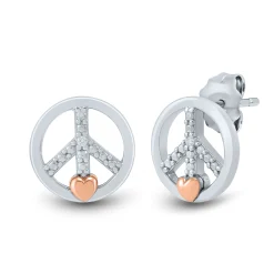 Diamond Accent Peace Sign Earrings In Sterling Silver And 14K Rose Gold