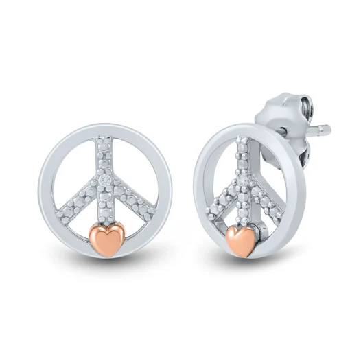 Diamond Accent Peace Sign Earrings In Sterling Silver And 14K Rose Gold
