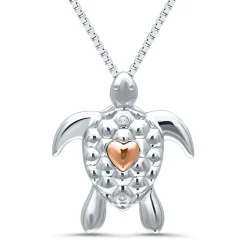 Diamond Accent Sea Turtle Pendant In Sterling Silver And 14 Rose Gold