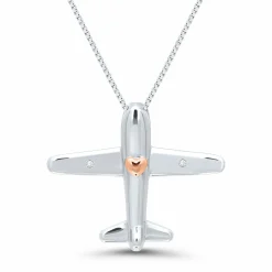 Diamond Airplane Pendant In Sterling Silver & 14K Rose Gold