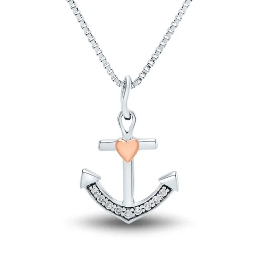 Diamond Anchor Pendant In Sterling Silver & 14K Rose Gold