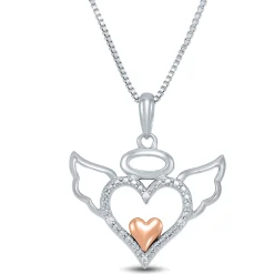 Diamond Angel Pendant With Heart In Sterling Silver & 14K Rose Gold