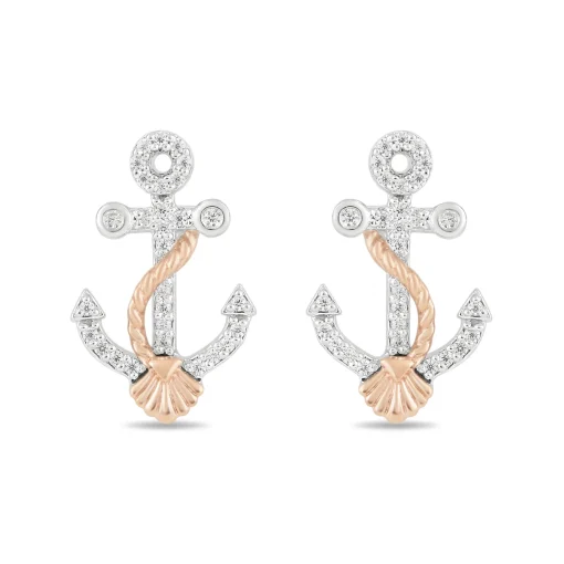 Diamond Ariel Anchor Stud Earrings In Sterling Silver & 10K Rose Gold (1/10 Ct. Tw.)