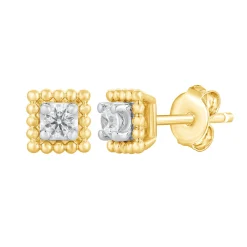 Diamond Beaded Square Halo Earring In 10K Yellow Gold (1/8 Ct. Tw.)
