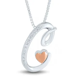 Diamond C Initial Pendant In Sterling Silver & 14K Rose Gold