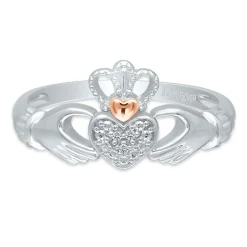 Diamond Claddagh Ring In Sterling Silver & 14K Rose Gold