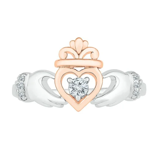Diamond Claddagh Ring In Sterling Silver & 10K Rose Gold