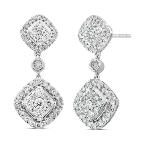 Diamond Cluster Drop Earrings In 14K White Gold (1 ½ Ct. Tw.)