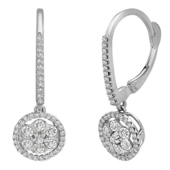 Diamond Cluster Drop Earrings With Halos In 10K White Gold (1/2 Ct. Tw.)