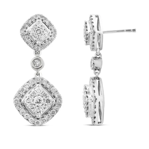Diamond Cluster Drop Earrings In 14K White Gold (1 ½ Ct. Tw.)