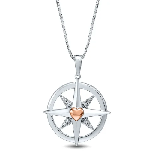 Diamond Compass Pendant In Sterling Silver