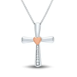 Diamond Cross Pendant In Sterling Silver & 14K Rose Gold