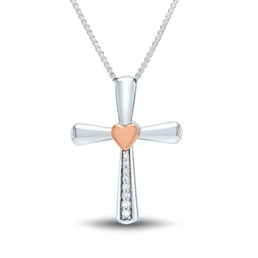 Diamond Cross Pendant In Sterling Silver & 14K Rose Gold