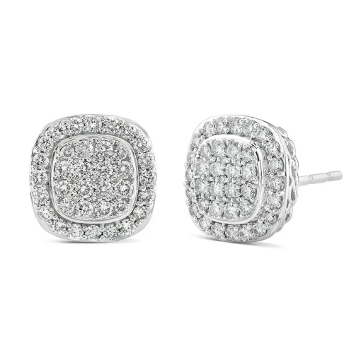 Diamond Cushion Cluster Halo Earrings In 14K White Gold (1 1/2 Ct. Tw.)