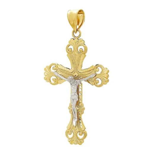 Diamond Cut Crucifix Charm In 14K Yellow & White Gold
