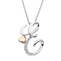 Diamond E Initial Pendant In Sterling Silver & 14K Rose Gold