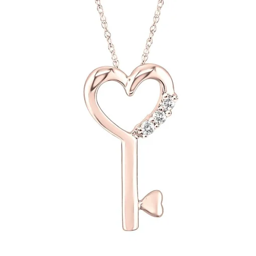 Diamond Heart Key Pendant In 10K Rose Gold