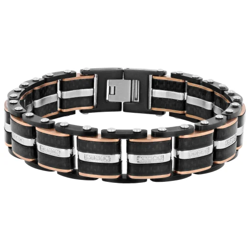 Diamond Link Bracelet In Ion-Plated Stainless Steel And Carbon Fiber, 15Mm, 8.5" (1/3 Ct. Tw.)