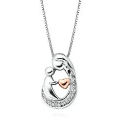 Diamond Mother & Baby Necklace Pendant In Sterling Silver & 14K Rose Gold