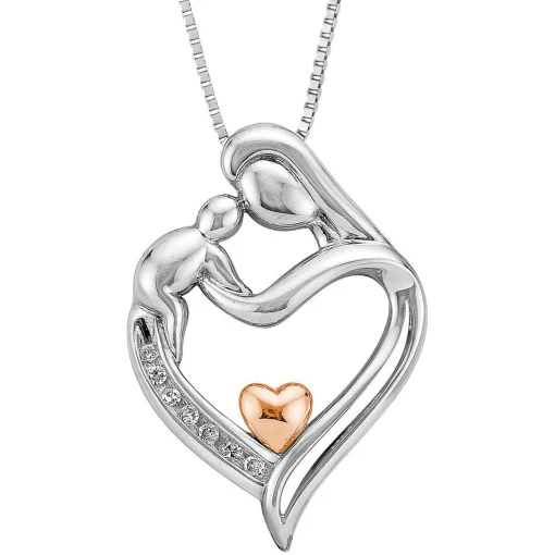 Diamond Mother's Heart Pendant In Sterling Silver & 14K Rose Gold