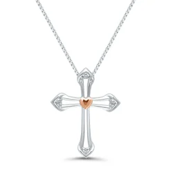 Diamond Open Cross & Heart Pendant In Sterling Silver & 14K Rose Gold