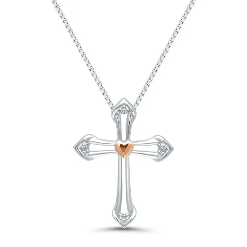 Diamond Open Cross & Heart Pendant In Sterling Silver & 14K Rose Gold