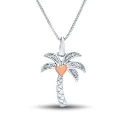 Diamond Palm Tree Pendant With Heart Accent In Sterling Silver & 14K Rose Gold