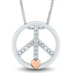 Diamond Peace Sign Pendant In Sterling Silver & 14K Rose Gold