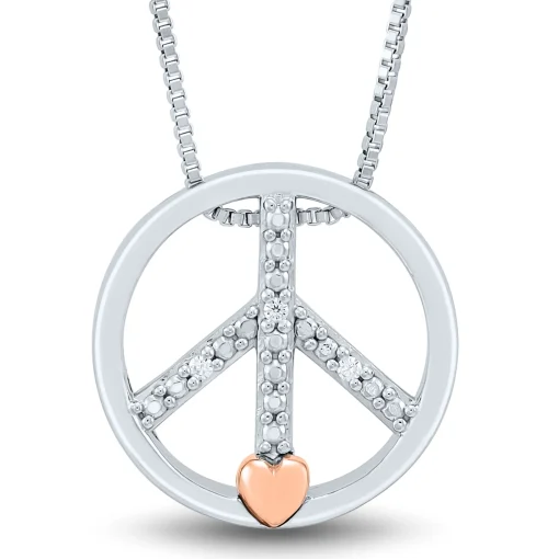 Diamond Peace Sign Pendant In Sterling Silver & 14K Rose Gold