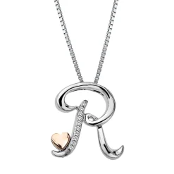 Diamond R Initial Pendant In Sterling Silver & 14K Rose Gold
