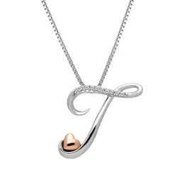Diamond T Initial Pendant In Sterling Silver & 14K Rose Gold