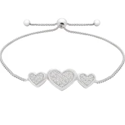 Diamond Three Heart Bolo Bracelet In Sterling Silver (1/7 Ct. Tw.)