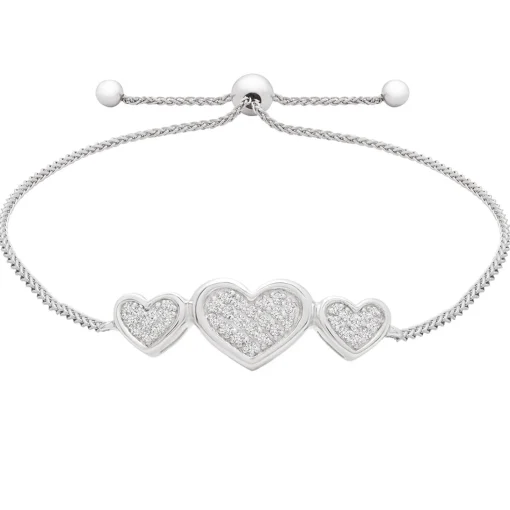 Diamond Three Heart Bolo Bracelet In Sterling Silver (1/7 Ct. Tw.)