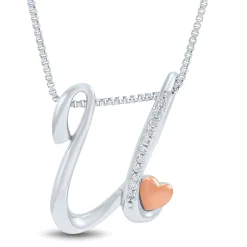 Diamond U Initial Pendant In Sterling Silver & 14K Rose Gold