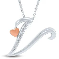 Diamond V Initial Pendant In Sterling Silver & 14K Rose Gold