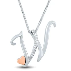 Diamond W Initial Pendant In Sterling Silver & 14K Rose Gold