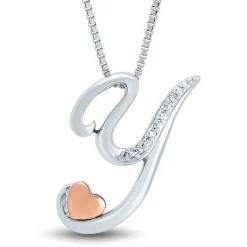 Diamond Y Initial Pendant In Sterling Silver & 14K Rose Gold
