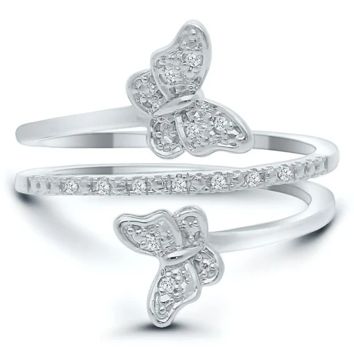 Double Butterfly Diamond Ring In Sterling Silver