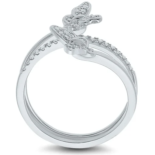 Double Butterfly Diamond Ring In Sterling Silver