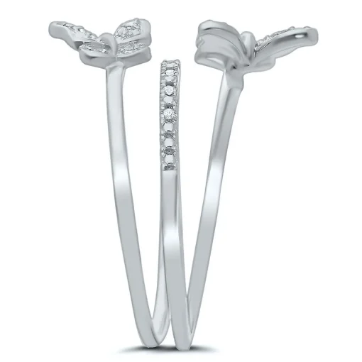 Double Butterfly Diamond Ring In Sterling Silver