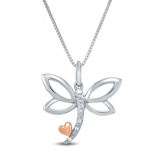 Dragonfly Pendant With Diamond Accents In Sterling Silver & 14K Rose Gold