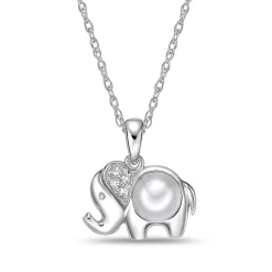 Elephant Pendant With Freshwater Pearl And Lab-Created White Sapphires In Sterling Silver