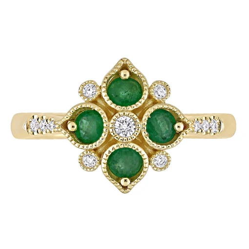 Emerald & Diamond Cluster Ring In 14K Yellow Gold (1/10 Ct. Tw.)