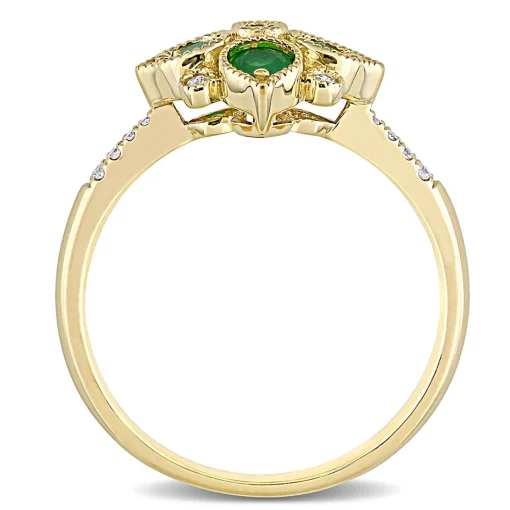 Emerald & Diamond Cluster Ring In 14K Yellow Gold (1/10 Ct. Tw.)
