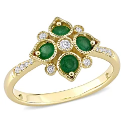 Emerald & Diamond Cluster Ring In 14K Yellow Gold (1/10 Ct. Tw.)