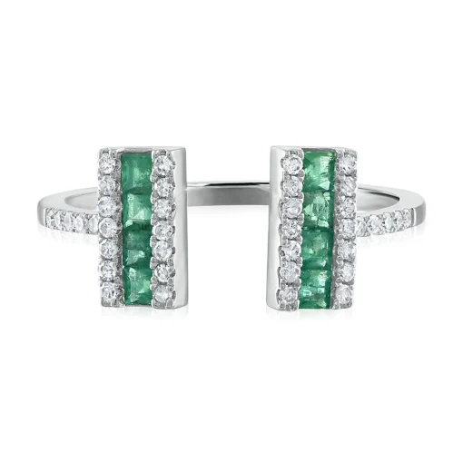 Emerald & Diamond Open Bar Ring In 14K White Gold (1/7 Ct. Tw.)