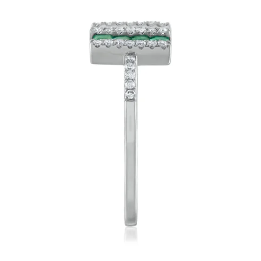 Emerald & Diamond Open Bar Ring In 14K White Gold (1/7 Ct. Tw.)