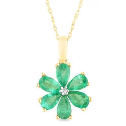 Emerald And Diamond Accent Flower Pendant In 10K Yellow Gold
