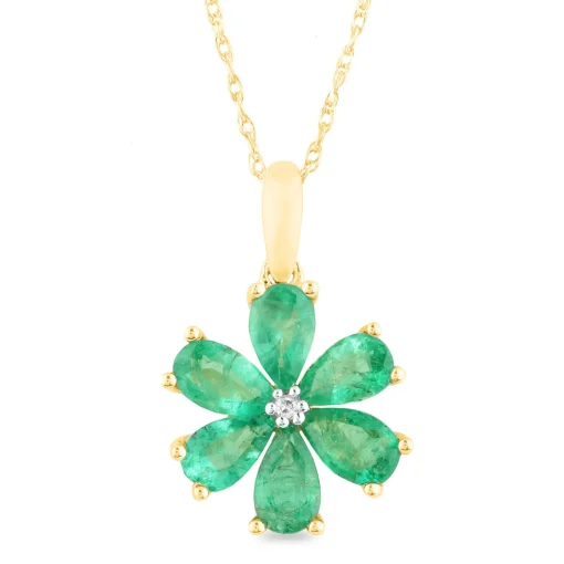 Emerald And Diamond Accent Flower Pendant In 10K Yellow Gold